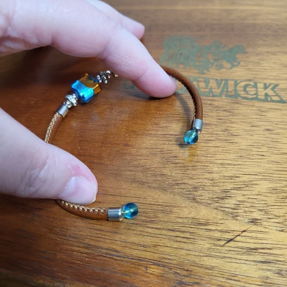 Amber and Blue Dichroic Glass Faux Leather and Rhinestone Tension Bracelet - Picture 11 of 12